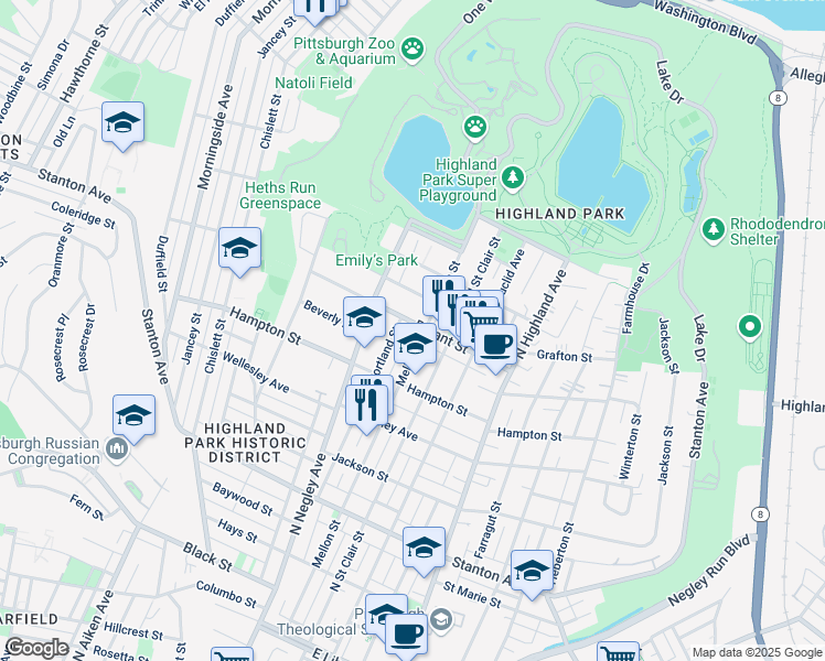 map of restaurants, bars, coffee shops, grocery stores, and more near 1136 Mellon Street in Pittsburgh