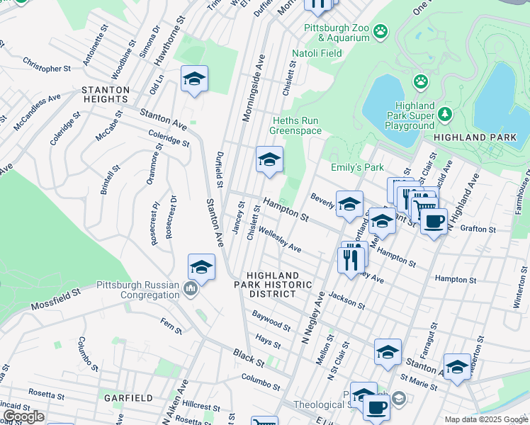 map of restaurants, bars, coffee shops, grocery stores, and more near 5418 Bossart Street in Pittsburgh