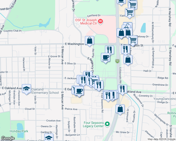 map of restaurants, bars, coffee shops, grocery stores, and more near 303 South Regency Drive in Bloomington
