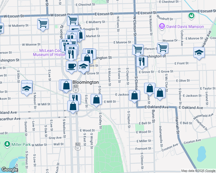 map of restaurants, bars, coffee shops, grocery stores, and more near 409 East Taylor Street in Bloomington