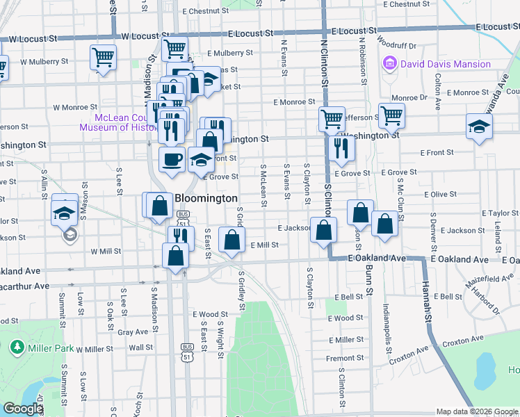 map of restaurants, bars, coffee shops, grocery stores, and more near 409 East Taylor Street in Bloomington