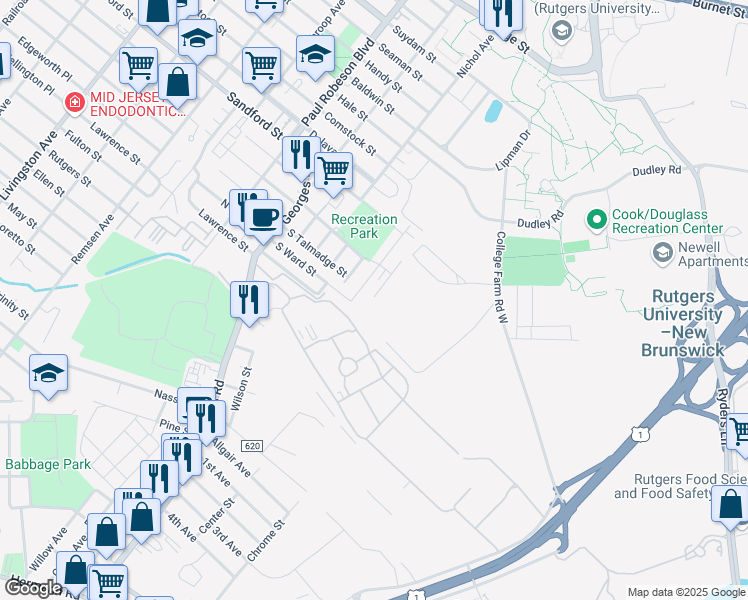 map of restaurants, bars, coffee shops, grocery stores, and more near 20 Conger Avenue in New Brunswick