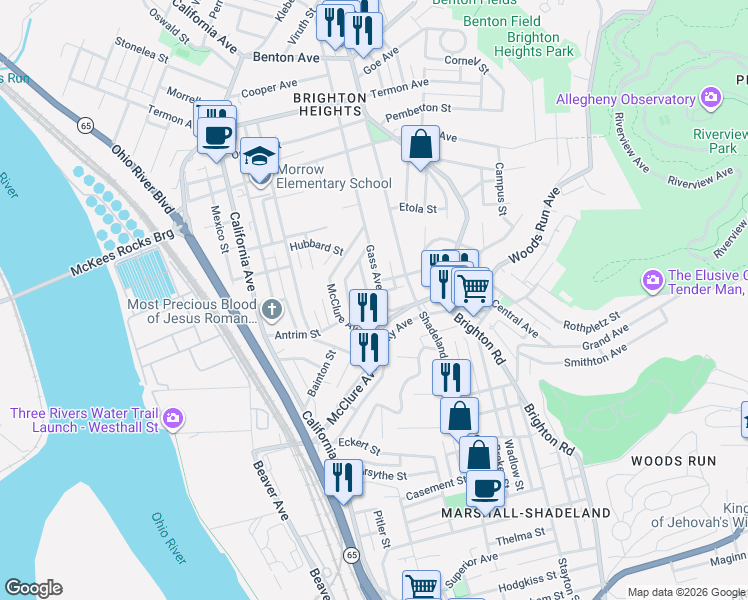 map of restaurants, bars, coffee shops, grocery stores, and more near 1448 Reuben Street in Pittsburgh