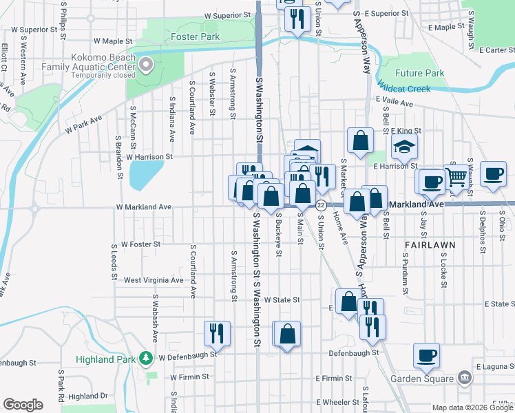 map of restaurants, bars, coffee shops, grocery stores, and more near S Washington St & W Markland Ave in Kokomo