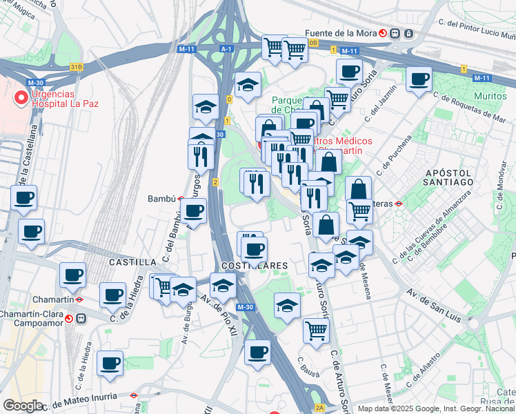 map of restaurants, bars, coffee shops, grocery stores, and more near 56 Calle de Serrano Galvache in Madrid
