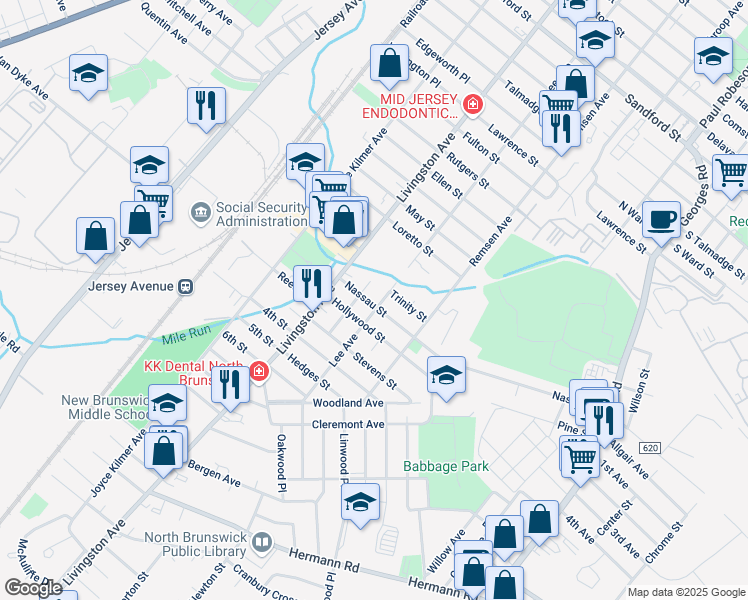 map of restaurants, bars, coffee shops, grocery stores, and more near 515 Lee Avenue in North Brunswick Township