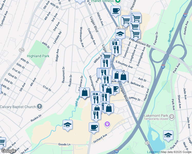 map of restaurants, bars, coffee shops, grocery stores, and more near 607 Morningside Ave in Altoona