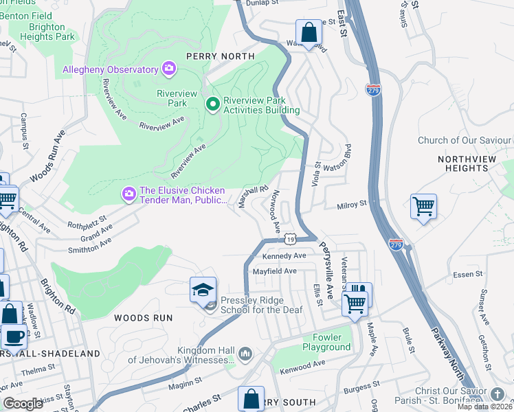 map of restaurants, bars, coffee shops, grocery stores, and more near 2932 Glenridge Way in Pittsburgh
