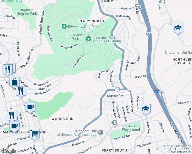 map of restaurants, bars, coffee shops, grocery stores, and more near 3001 Marshall Road in Pittsburgh