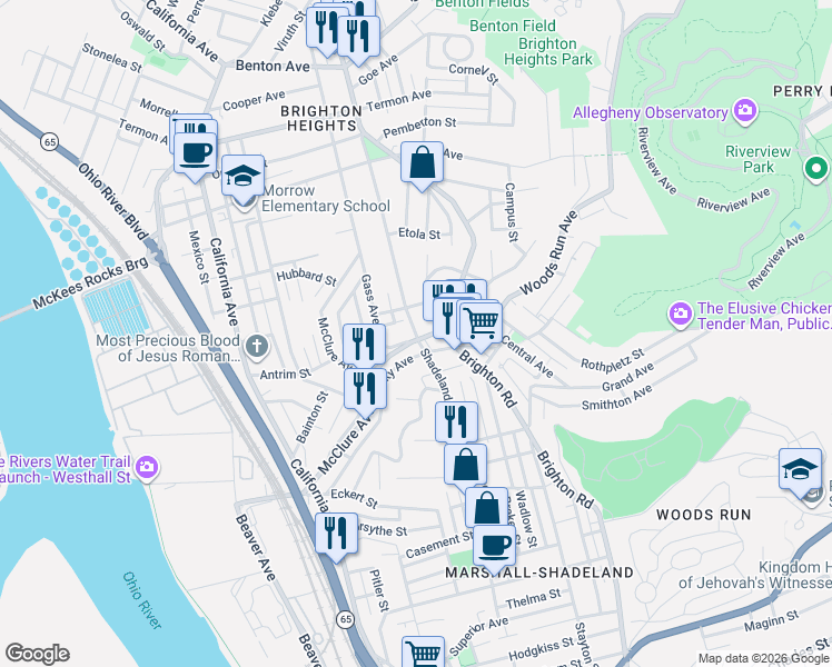 map of restaurants, bars, coffee shops, grocery stores, and more near 175 Lecky Avenue in Pittsburgh