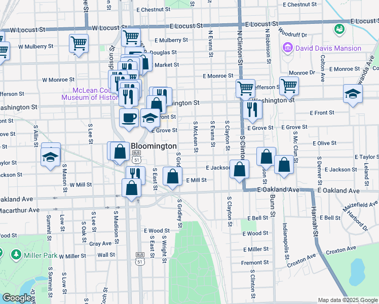 map of restaurants, bars, coffee shops, grocery stores, and more near 409 East Taylor Street in Bloomington