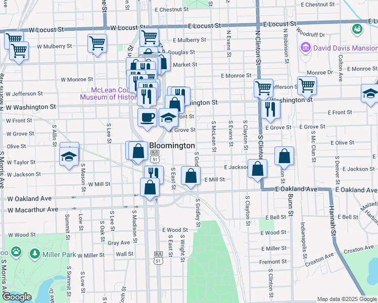map of restaurants, bars, coffee shops, grocery stores, and more near 308 South Prairie Street in Bloomington