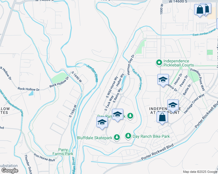 map of restaurants, bars, coffee shops, grocery stores, and more near 15124 South Wild Horse Way in Bluffdale
