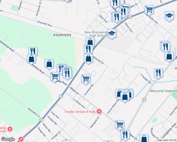 map of restaurants, bars, coffee shops, grocery stores, and more near 9 Hampton Road in New Brunswick