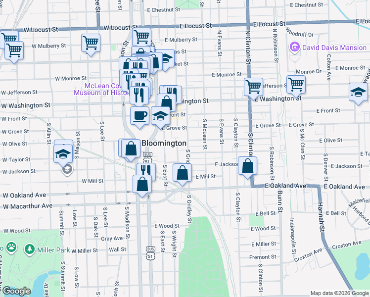 map of restaurants, bars, coffee shops, grocery stores, and more near 308 South Prairie Street in Bloomington
