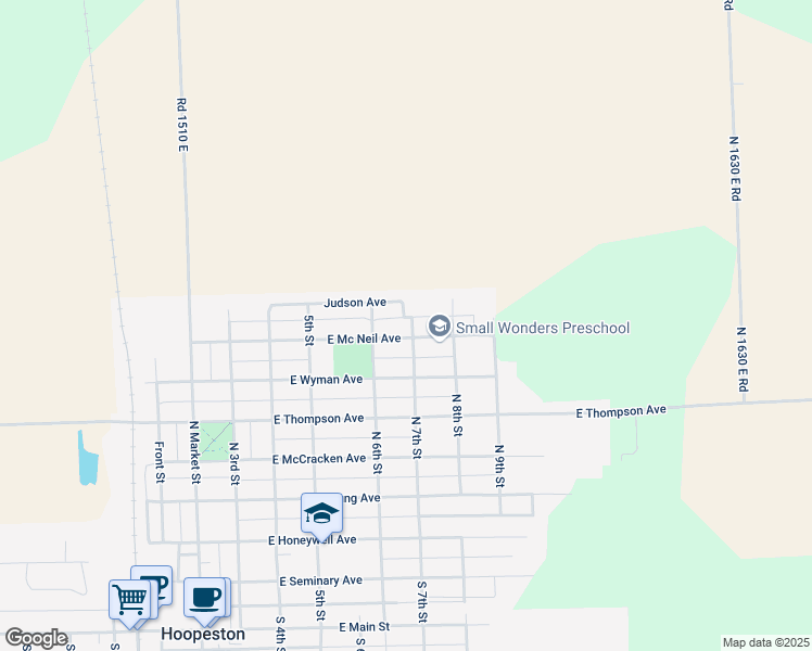 map of restaurants, bars, coffee shops, grocery stores, and more near 801 Judson Avenue in Hoopeston