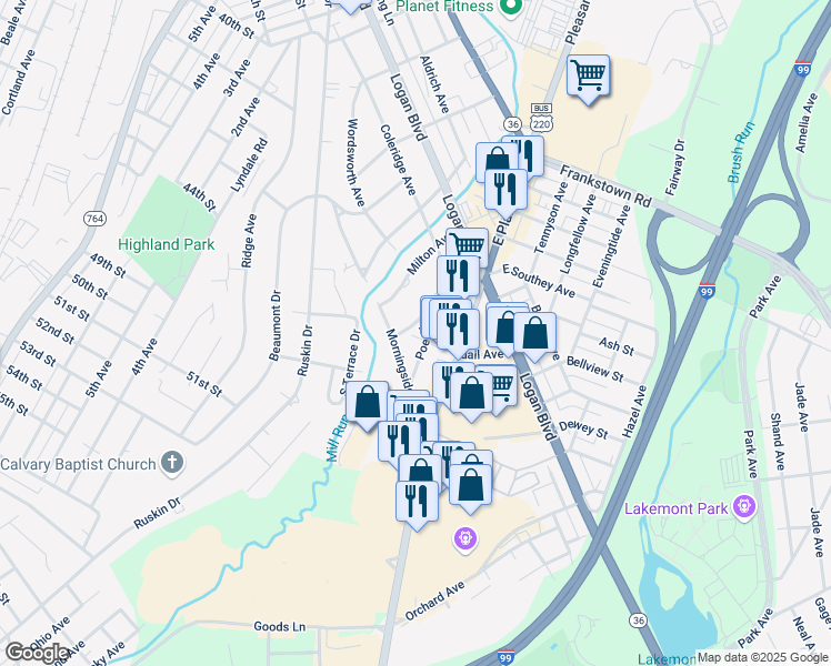 map of restaurants, bars, coffee shops, grocery stores, and more near 607 Morningside Ave in Altoona