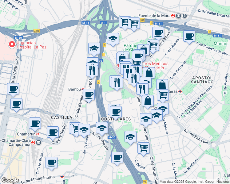 map of restaurants, bars, coffee shops, grocery stores, and more near 56 Calle de Serrano Galvache in Madrid