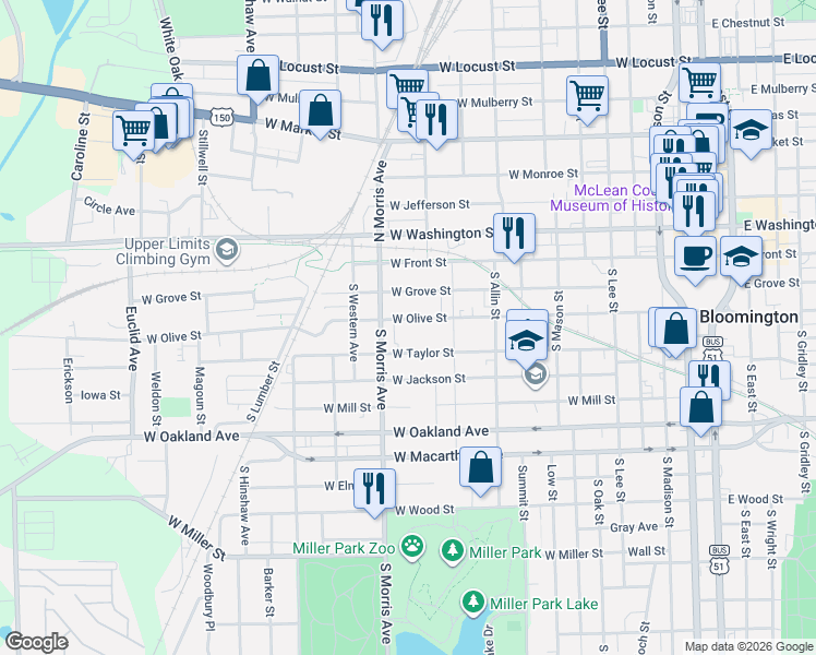 map of restaurants, bars, coffee shops, grocery stores, and more near 1017 West Taylor Street in Bloomington