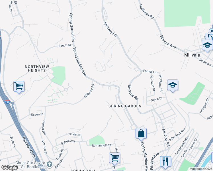 map of restaurants, bars, coffee shops, grocery stores, and more near Spring Garden Avenue in Pittsburgh