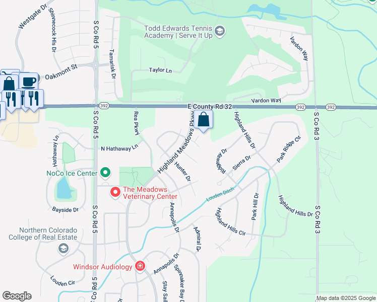 map of restaurants, bars, coffee shops, grocery stores, and more near 5447 Tiller Court in Windsor