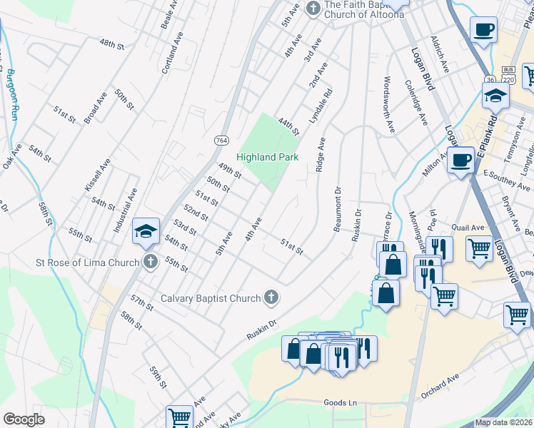 map of restaurants, bars, coffee shops, grocery stores, and more near 5001 4th Avenue in Altoona