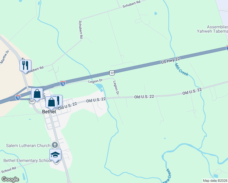 map of restaurants, bars, coffee shops, grocery stores, and more near 9505 Old U.S. 22 in Bethel