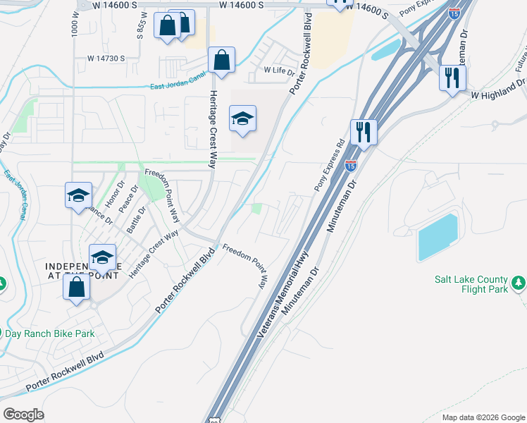 map of restaurants, bars, coffee shops, grocery stores, and more near 15128 Skyfall Drive in Bluffdale