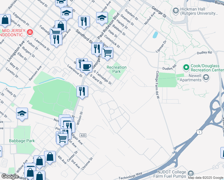 map of restaurants, bars, coffee shops, grocery stores, and more near 5A South Ward Street in New Brunswick