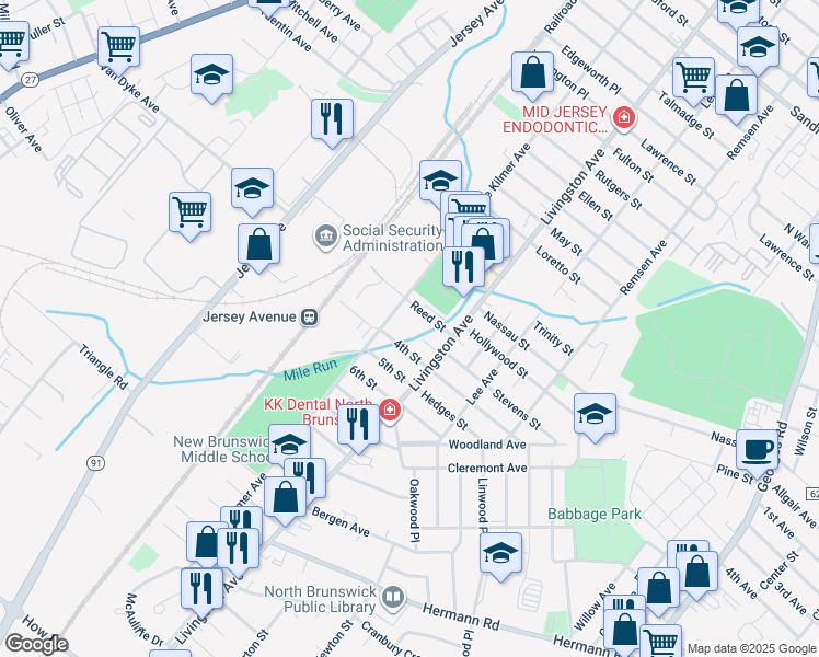 map of restaurants, bars, coffee shops, grocery stores, and more near 1 4th Street in New Brunswick