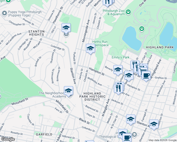 map of restaurants, bars, coffee shops, grocery stores, and more near 5418 Bossart Street in Pittsburgh