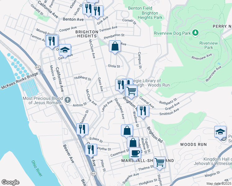 map of restaurants, bars, coffee shops, grocery stores, and more near 175 Lecky Avenue in Pittsburgh