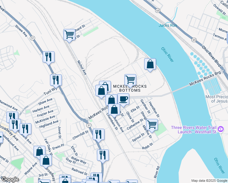 map of restaurants, bars, coffee shops, grocery stores, and more near 34 Olivia Street in McKees Rocks
