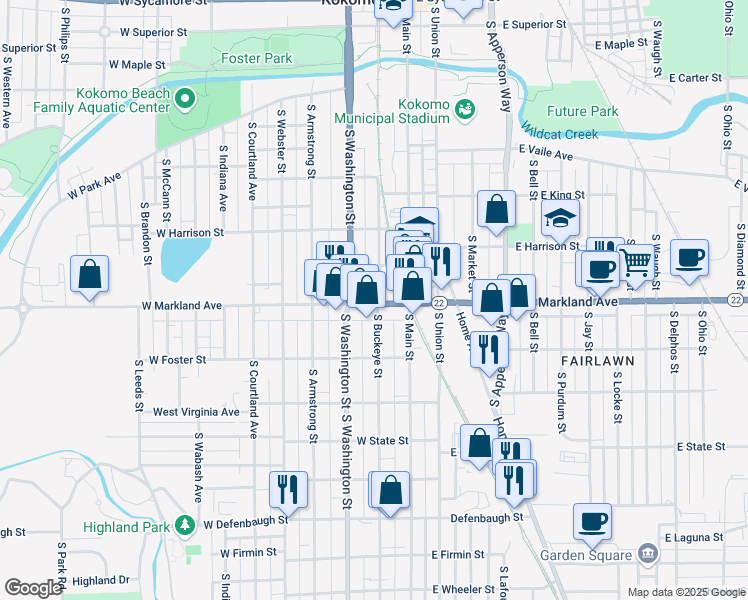 map of restaurants, bars, coffee shops, grocery stores, and more near 211 West Markland Avenue in Kokomo