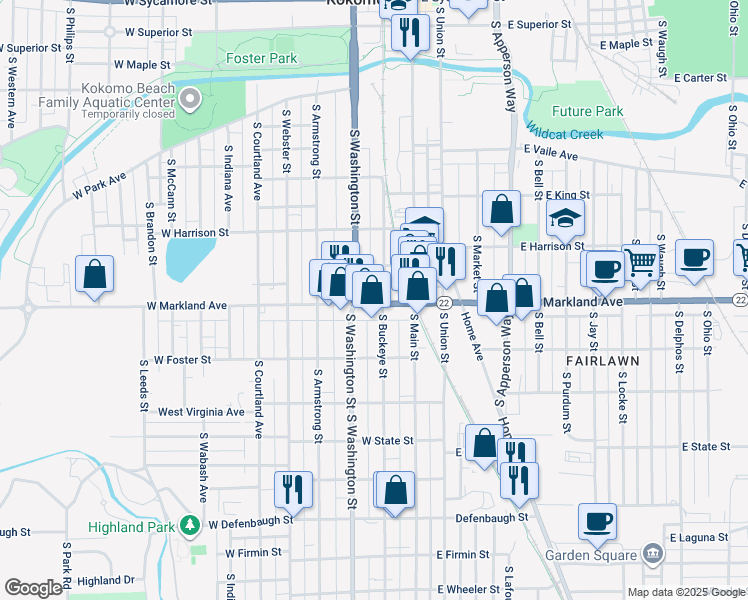 map of restaurants, bars, coffee shops, grocery stores, and more near 211 West Markland Avenue in Kokomo