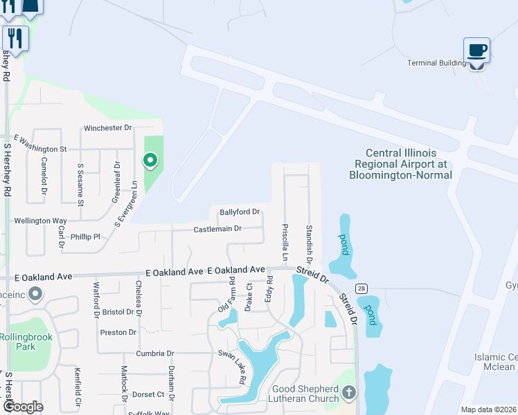 map of restaurants, bars, coffee shops, grocery stores, and more near 3610 Castlemain Drive in Bloomington
