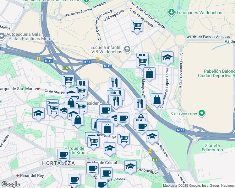 map of restaurants, bars, coffee shops, grocery stores, and more near 3 Vía de los Poblados in Madrid