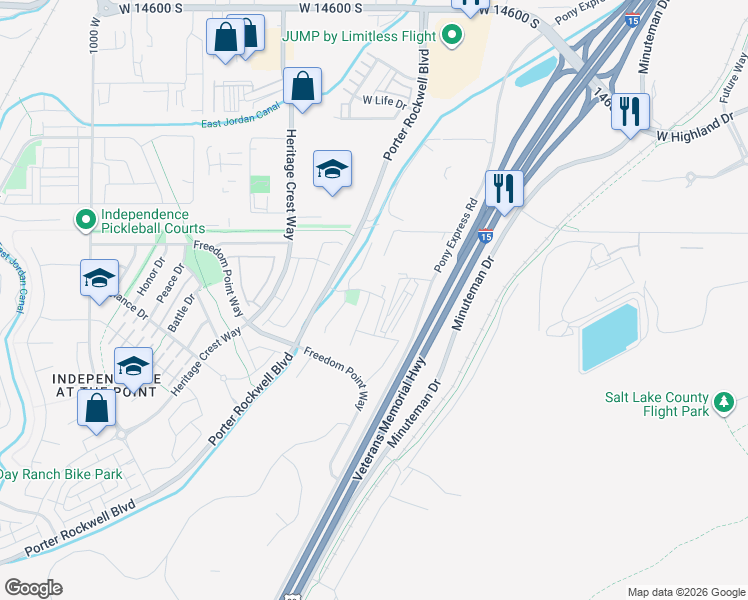 map of restaurants, bars, coffee shops, grocery stores, and more near 15125 Skyfall Drive in Bluffdale