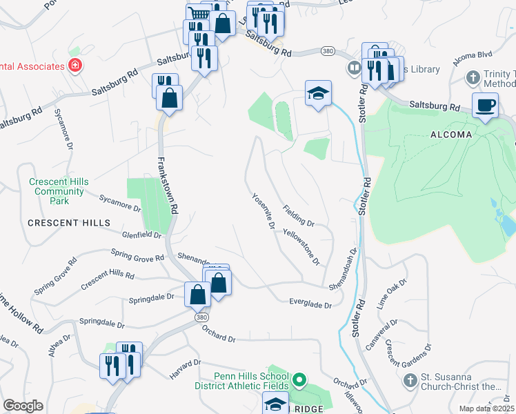 map of restaurants, bars, coffee shops, grocery stores, and more near 217 Yosemite Drive in Pittsburgh