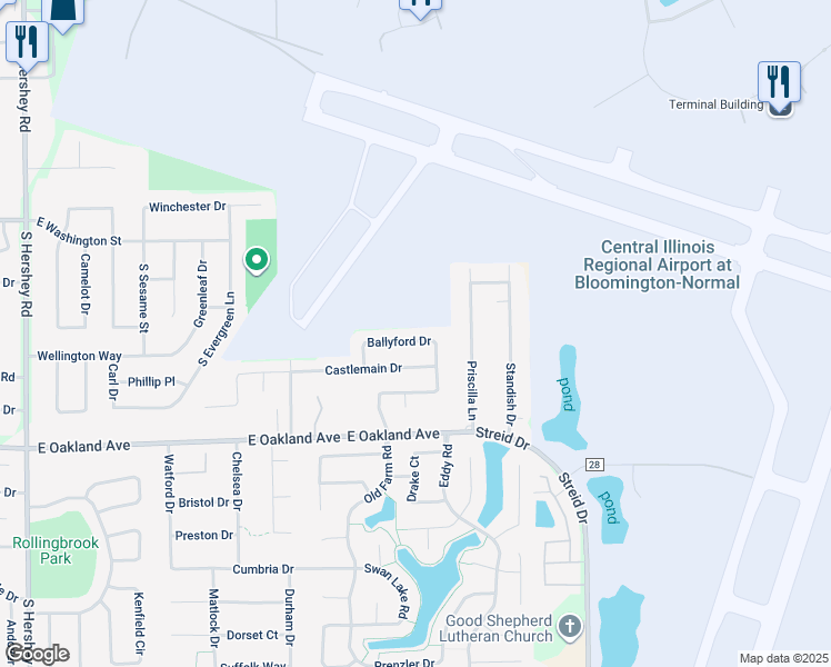 map of restaurants, bars, coffee shops, grocery stores, and more near 3610 Ballyford Drive in Bloomington