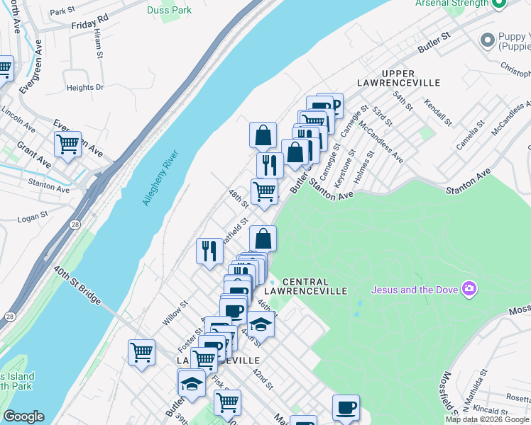 map of restaurants, bars, coffee shops, grocery stores, and more near in Pittsburgh