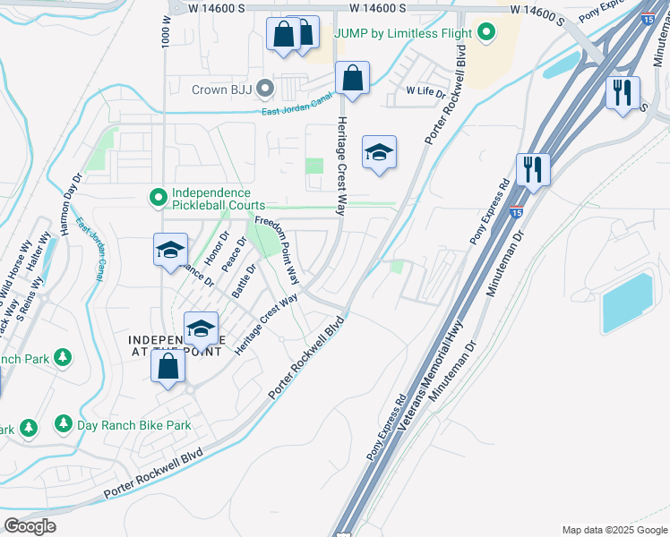 map of restaurants, bars, coffee shops, grocery stores, and more near Bright Stars Drive in Bluffdale