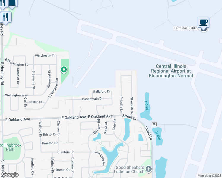 map of restaurants, bars, coffee shops, grocery stores, and more near 3610 Castlemain Drive in Bloomington