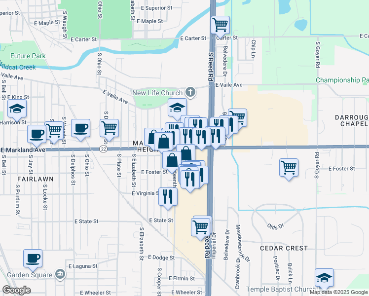 map of restaurants, bars, coffee shops, grocery stores, and more near 1747 East Markland Avenue in Kokomo