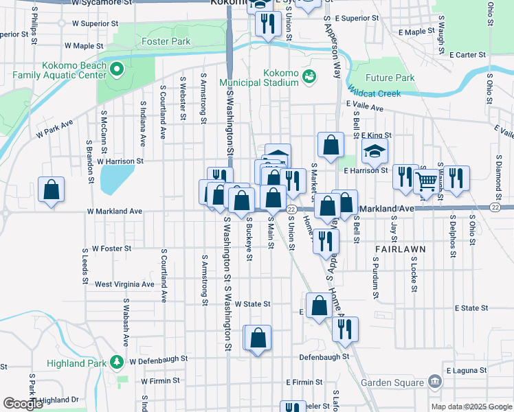 map of restaurants, bars, coffee shops, grocery stores, and more near 122 West Markland Avenue in Kokomo