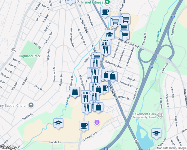 map of restaurants, bars, coffee shops, grocery stores, and more near 606 Quail Avenue in Altoona
