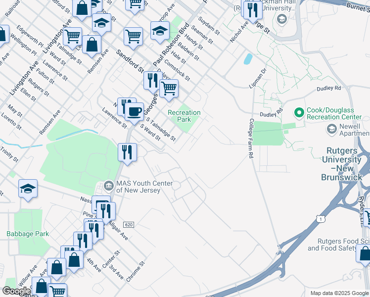 map of restaurants, bars, coffee shops, grocery stores, and more near 20 Conger Avenue in New Brunswick