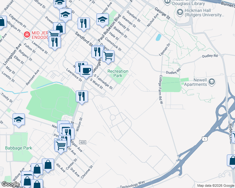 map of restaurants, bars, coffee shops, grocery stores, and more near 20 Conger Avenue in New Brunswick