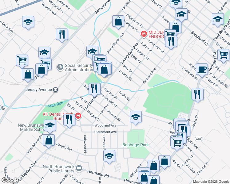 map of restaurants, bars, coffee shops, grocery stores, and more near 937 Nassau Street in North Brunswick Township