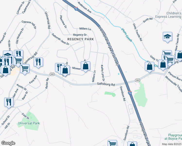 map of restaurants, bars, coffee shops, grocery stores, and more near 407 Millers Lane in Pittsburgh